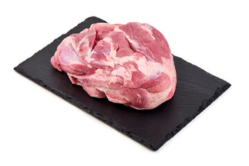Raw Pork Shoulder Cut on Slate Plate Isolated on White Background