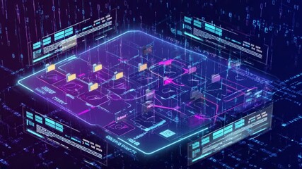 Futuristic data flow visualization displaying digital information processing and network connections with glowing elements - Powered by Adobe
