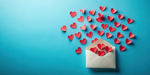happy valentine's day paper hearts flying from an envelope on blue background, love, love letter, love