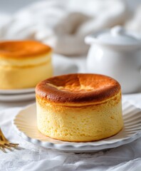 Close-up of a round, golden-brown cheese cake on a white plate.