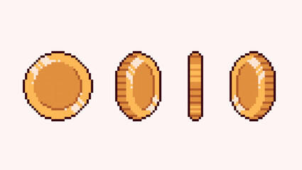 Golden coin spinning pixel art animation frames.   Rotating money elements.  8 bit. Game development, mobile app. Isolated vector illustration.