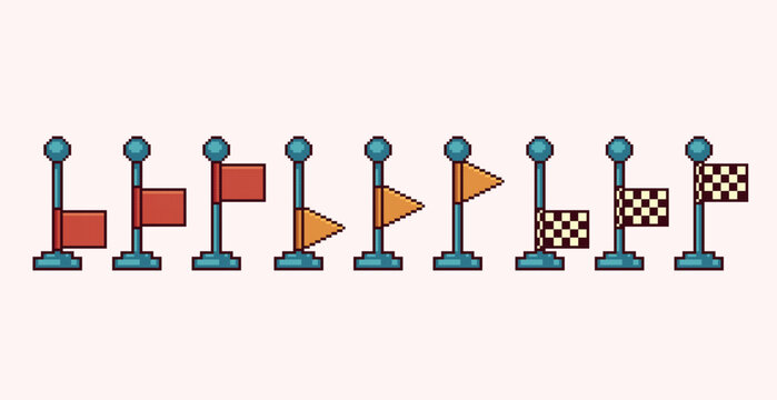Waving flags animation pixel art set. Flagpole collection. 8 bit sprite. Game development, mobile app. Isolated vector illustration.	