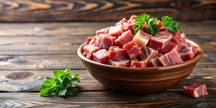 Raw diced beef and smoked bacon in a bowl, topped with fresh parsley and served on a wooden table , meat, bacon,  meat, bacon - Powered by Adobe