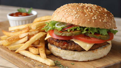 Juicy Cheeseburger with Fries on Wooden Board