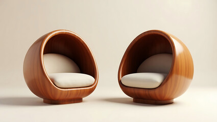Modern Wooden Sphere Chairs with Beige Cushions: Minimalist Furniture Design on Neutral Background
