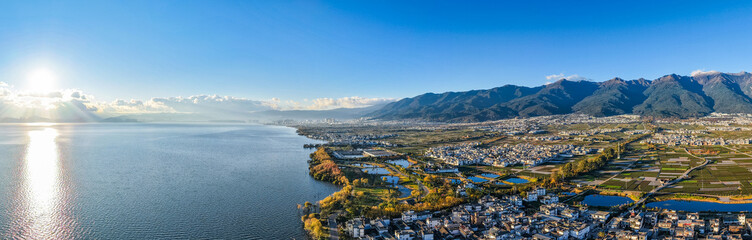 Aerial view of Cangshan Mountain and Erhai Lake in Dali, Yunnan