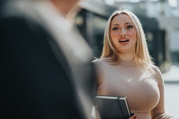 A confident young woman in a beige dress holds a tablet while engaging in a lively conversation...
