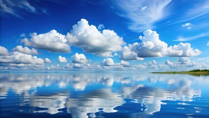 Serene landscape with clear blue sky and fluffy white clouds floating gently in the air, outdoors, blue sky
