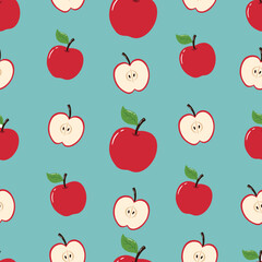 Seamless Hand Drawn Red Apple Pattern Designs Blue Background