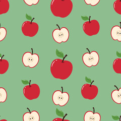 Seamless Hand Drawn Red Apple Pattern Designs Green Background