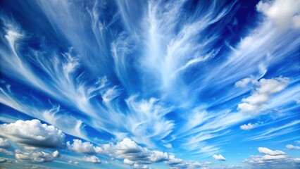 A serene blue sky with fluffy white clouds and a few wispy strands of cirrus in the distance, vastness, weather,  vastness