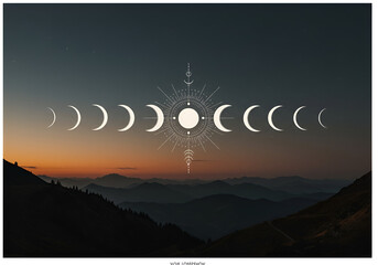 Moon phases graphic design over a mountain landscape at sunrise/sunset. Abstract moon cycle design with various phases displayed over a hazy mountain range.