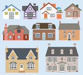 Vector cute pastel vintage style houses. Vector illustration set of residential buildings, country houses and cottages.