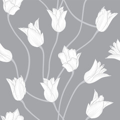 Monochrome floral seamless pattern with hand drawn white tulip flowers on gray background. Spring boho floral repeat wallpaper. Stock vector illustration.