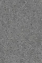 Geometric Black and white line art pattern with small, dense lines forming an abstract maze or network on a pure background of the same color. 