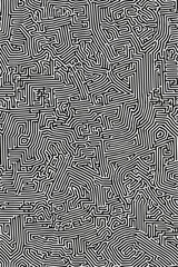 Geometric Black and white line art pattern with small, dense lines forming an abstract maze or network on a pure background of the same color. 