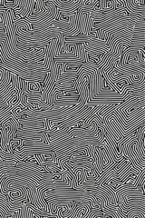 Geometric Black and white line art pattern with small, dense lines forming an abstract maze or network on a pure background of the same color. 