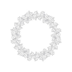 Black and white line art tulip flower wreath isolated on white background. Monochrome spring floral frame template for cards, coloring pages. Vector illustration