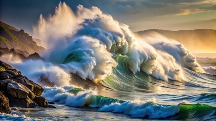 Fototapeta premium Powerful wave crashes against the rocky shore, creating a misty veil, rugged coastline