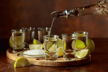 Gold tequila with salt and lime slices.