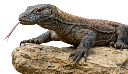 Fototapeta premium A komodo dragon sitting on a rock with its tongue out