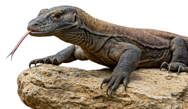 A komodo dragon sitting on a rock with its tongue out