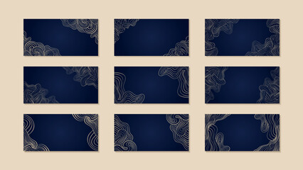 Gold Wave Art Deco Vector Backgrounds Set, Golden Line Wavy Corner Patterns on Elegant Deep Blue, Abstract Curly Backdrops for Decorative Traditional Asian Artistic Presentations