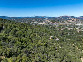 Obraz premium Aerial photos of a forested hillside in San Rafael, California, highlighting dense tree coverage, winding roads, and panoramic views of surrounding hills, residential properties, and the San Pablo Bay