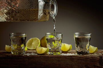 Gold tequila with salt and lime slices on a old wooden board.