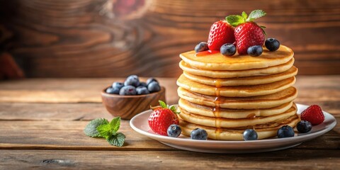 stack of fluffy pancakes on a wooden counter with fresh berries and syrup, pancakes, maslenitsa, pancakes