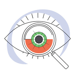 Illustration of eye being examined with magnifying glass on white background