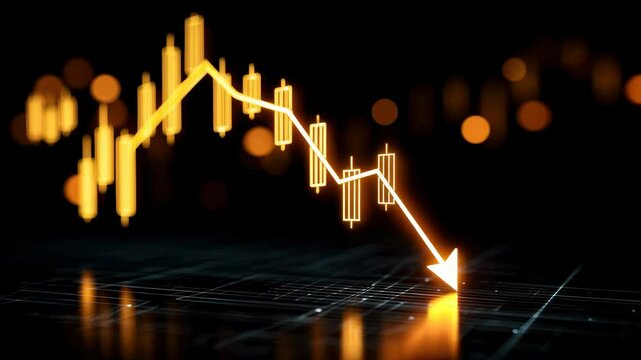 Downward glowing candlestick chart with arrow showing finance loss, stock market decline, economic downturn, and investment risk, featuring yellow candlestick chart, downward trend arrow