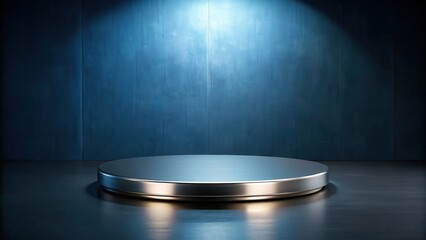 Circular platform display on dark blue metallic table, minimalist style , metal,  minimalist style