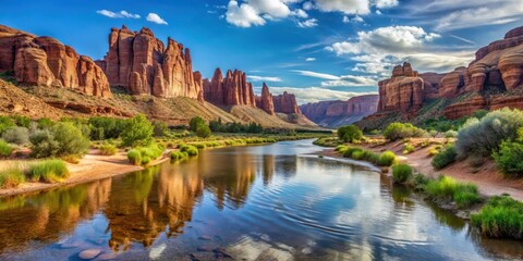 Fototapeta premium Serene river views with red rock formations and sandy beaches in Arches National Park