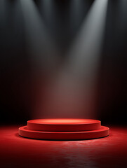 Elegant Red Stage Podium with Dramatic Lighting Perfect for Product Display or Award Ceremony