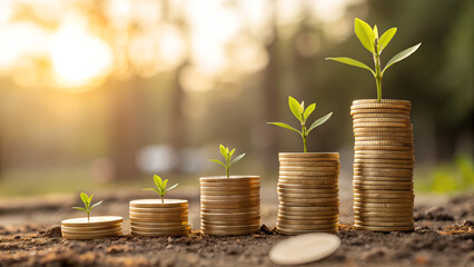 Growing Plants Emerging from Stacked Coins, plant growing from coins