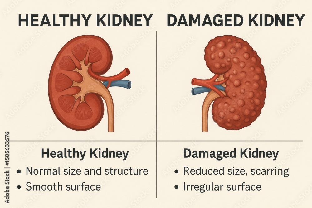 Poster comparison of healthy and damaged kidney structures highlighting differences in size and surface tex