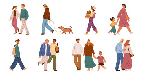 Cute strolling people, isolated set of men and women walking calmly. Vector young teenagers and children, adults and parents going to work or school. Fashionable personages with accessories and bags