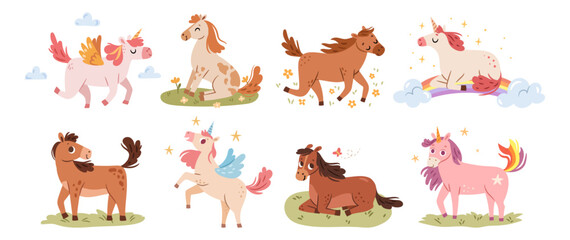 Horses and unicorns, set of steeds. Vector isolated collections of mythological stallions. Cute ponies characters laying on meadows and flying in sky. Filly and colt, one horned creature and pegasus