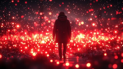 Person Walking in a Field of Red Lights and Soft Bokeh Effects