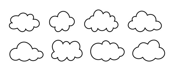 Doodle fluffy clouds. Outline clouds. Puffy, cumulus clouds. Cloudy forms in black thin contour. Weather element simple templates. Objects cloudscape. Hand drawn black graphic.