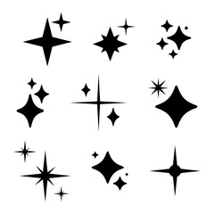 Shine, sparkle black stars set on a white background. Sparkle star minimalist symbol. Shine retro icon. Blink twinkle, sunburst star shapes collection. Magic light flare flat templates pack.