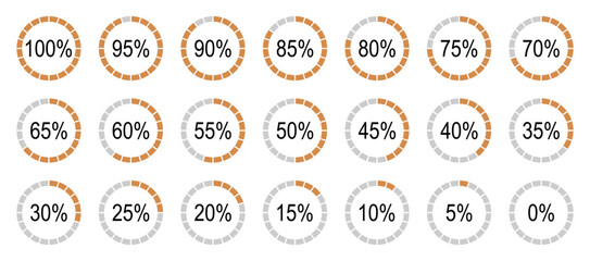 Round diagrams icons for infographics from 0 to 100 percent. Percentage infographics elements. Orange, grey color fill divided pie charts indicator. Circle flat graph loading progress.