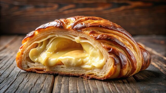Flaky pastry with a golden brown crust and melted cheese custard filling , cheese, croissant
