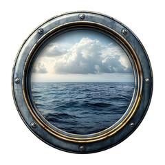 A tranquil ocean view framed by a vintage porthole suggesting adventure on transparent background