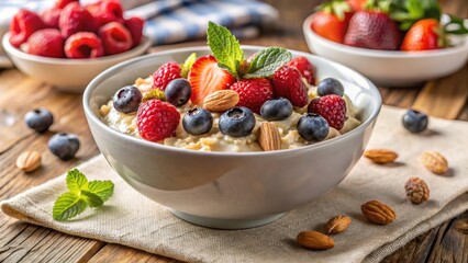 Warm and comforting breakfast bowl with steaming hot oatmeal topped with a mix of juicy berries and crunchy nuts, set against a soft and creamy background , oatmeal, berries