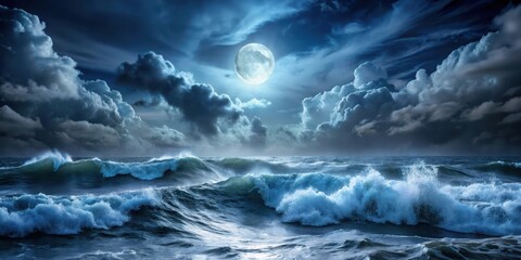 Fototapeta premium Dark turbulent waves crashing against the moonlit ocean at night with a stormy sky above, stormy night ocean, dark clouds