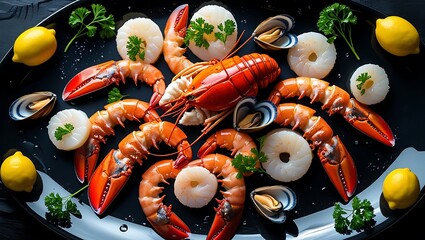 Delicious Seafood Platter Lobster, Shrimp, Scallops, and Mussels