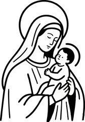 illustration of mother maria holding child vector line art