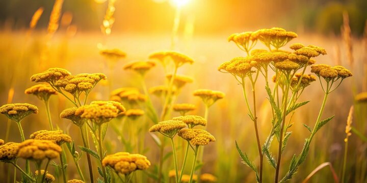 Golden Yarrow blossoms sway gently in late summer meadow amidst tall grasses and wildflowers, with sunlight casting a warm glow on the scene, botanical photography, late summer
